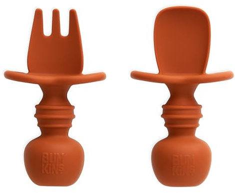 Bumkins Chewtensils - Juego de tenedor/cuchara de silicona para bebé - Arcilla