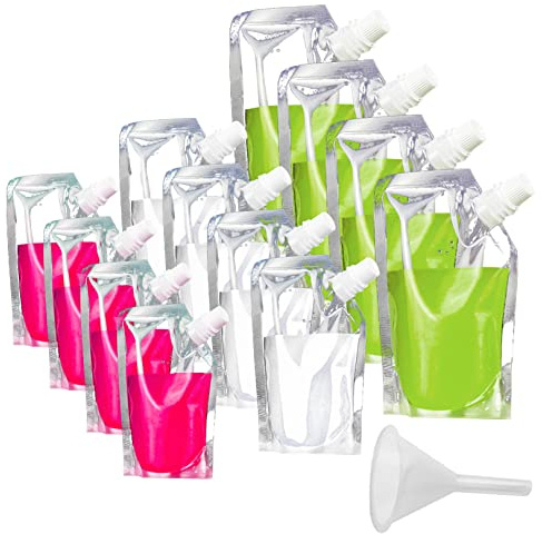 12 Pack Drink Pouch,Reusable Plastic Flasks Concealable Juice Pouch Bags with Spout and Small Funnel for Picnic Camping Party Beverage Drinks, 300ml, 420ml, 500ml