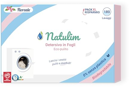 Natulim Detergente en Tiras para Lavadora (180 Lavados) - Incluye efecto Suavizante, Ecológico, Hipoalergénico, Zero Waste, Made in Spain - Ropa limpia y suave sin ensuciar el Planeta (Floral)