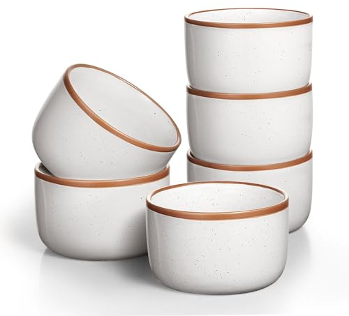 Ramekins Set of 6, 6 oz Creme Brulee Ramekin Oven Safe, Porcelain Ramekin Bowls, Mini Cheesecake Pans, Small Baking Dish, Dipping Sauce Bowls, Ramekins for Baking Souffle, Ice Cream - Vanilla White