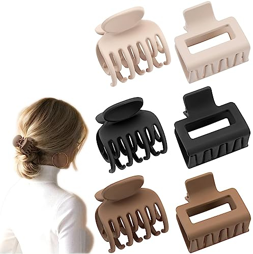 Kireida® 6 pinzas para el cabello con garras cuadradas pequeñas para mujeres, abrazaderas de doble fila para cabello fino/medio fino, garras antideslizantes, cabello grueso (beige, marrón, negro)