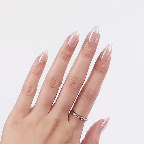 LADYING 30 Stück Glossy Aurora Soft Gel Press on Nails Mandel Kurz,Weiß French Nägel Zum Aufkleben Motiv,UV Kunstnägel Künstliche Nägel,Gel Oval Fingernägel Fake Nails Kurz für Frauen