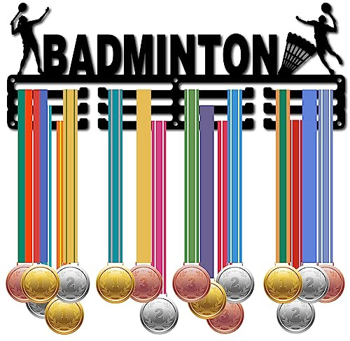 CREATCABIN Badminton Medaillenhalter Aufhänger Sport Medaillenaufhänger Rack Schwarzes Metall Eisen Rennen Medaillenständer Rahmen Wandmontage Über 60 Medaillen Für Sportler Medaillengewinner 40x15cm