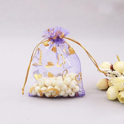 PTNKUIIY 100 Stück Organzasäckchen 15 * 20cm Organzabeutel Liebe Herz Geschenkbeutel mit Kordelzug Hochzeitsbevorzugung Schmuckbeutel zum Befüllen für Hochzeit Weihnachten Valentinstag Party-Lila