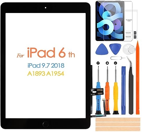 ARSSLY Écran Tactile pour iPad 6 2018 9.7 Pouces A1893 A1954 avec Bouton Home, Panneau en Verre avec Film Trempé, Kit de Réparation (pas d'écran LCD, Noir)