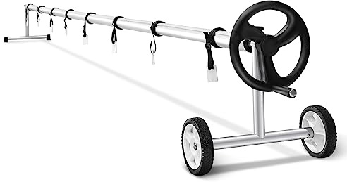 RELAX4LIFE - Carrete de lona extensible ajustable de 1,65 a 7 m para lonas y películas solares, enrollador de piscina de aluminio móvil con 8 correas de fijación