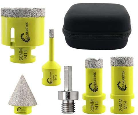 Punte per Trapano Diamantate 6pezzi - (6/20/25/50mm+35mm Punta per Smusso+Adattatore Esagonale) Fresa Diamantata per Ceramica Porcellana Marmo Granito M14 Filettatura SANLEETEK
