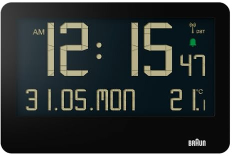 Braun Digitale Funk-Wanduhr mitteleuropäische Zeitzone (DCF) mit Innentemperatur, Datum, Wochentag, großem LCD-Display, Schnelleinstellung, Piepton-Alarm in Schwarz, Modell BC14B-DCF