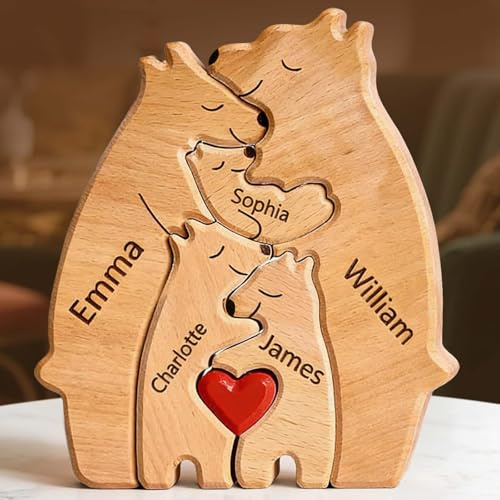 Personalisiertes Puzzle mit Namen, Bärenfamilie Holzpuzzle Skulptur, Familienpuzzle mit 2–10 Bären Figuren & Rotes Herz, Personalisierte Geschenke für Familie, Mama und Papa zum Muttertag Geburtstag