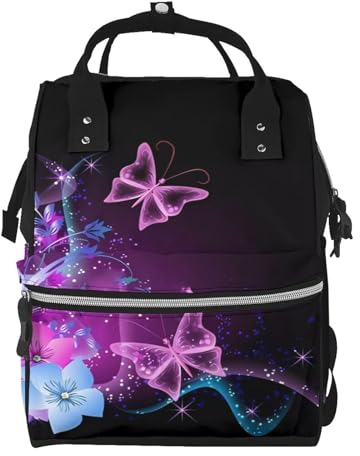 OrcoW Rosa Lila Schmetterling Print Wickeltasche Mama Rucksack Große Kapazität Multifunktions Wasserdichte Windeltasche Für Mama Und Papa, Schwarz , One size