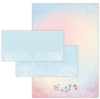 Briefpapier-Set 25 Motivpapier DIN A4 + 25 Kuverts DIN-lang haftklebend Motiv Schmetterlinge beidseitig beschriftbar und bedruckbar für Geburtstag Jubiläum Hochzeit Menükarte Dank Geschenk