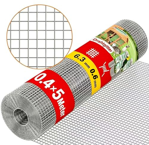 Amagabeli Drahtgitter feinmaschig Rostfrei | 0,4 x 5 Meter | Wühlmausgitter für Hochbeete mit 6,3 mm Maschenweite | 0,6 mm Draht Stärke Hasendraht Volierendraht Hochbeet
