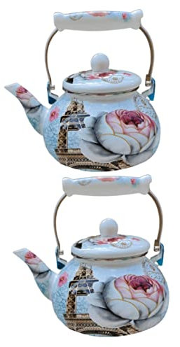 LeGDOr 2 Pezzi Smalto Caffettiera Teiera da tè Porcellana Smaltata Caffettiera Smalto su Acciaio Teiera Decorativa Smalto Vintage Teiera retrò Teiera in Ceramica Teiera Cinese Stufa Portatile