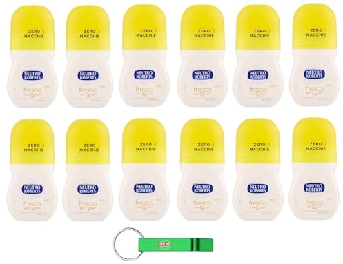 Neutro Roberts Lot de 12 déodorants roll-on Fresco, sans sels d'aluminium, sans taches, parfum d'agrumes, de bergamote et de gingembre, unisexe, 50 ml + porte-clés gratuit Beni Culinari