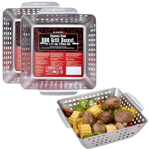 Navaris Bandeja para Parrilla de Acero Inoxidable - 2x Bandeja Rustidera para BBQ y Horno de 21 x 21 cm - Set de 2x Bandeja Barbacoa para Pescado Verduras Carne Patatas Brochetas