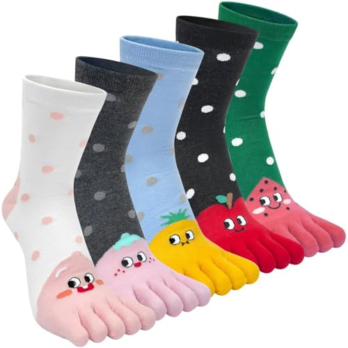 Kevaler Womens Toe Socks Cotton Five Finger Crew Socks Novelty Mid-Calf Socks Cute Animal Fruit Stripe Pattern Sports Socks Running Socks UK 3-8, 5 Pairs