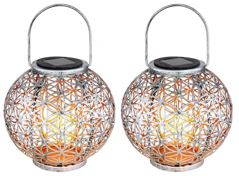 meineWunschleuchte 2er Set Solarlaternen Kugel mit Dekorstanzungen in Silber Antik & Gold, Ø20cm