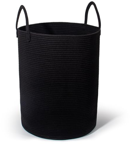 SYLANDO Wäschekorb mit Henkel, Spielzeug Aufbewahrung, Aufbewahrungsbox Geflochten, Wäschesammler Groß, Aufbewahrungskorb Kinderzimmer (Schwarz, D 38 x H 50 cm)