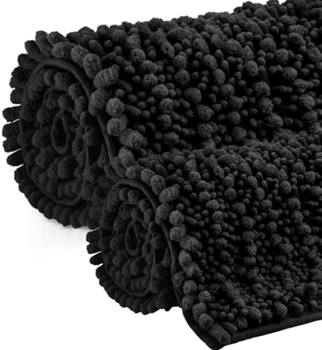 Baamur®️ Hochflor-Badematten Set 2 teilig 50x80cm 40x60cm Weicher Mikrofaser Chenille Badezimmerteppich in elegantem Schwarz - Rutschfester Duschteppich für Ihr Bad, Ihre Küche und mehr