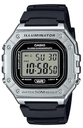 Casio W-218HM Series | Men's Digital Watch | (Black/Silver) | LED Illuminator | 7-Year Battery | Alarm | Chronograph | Auto Calendar | Digital Watch
