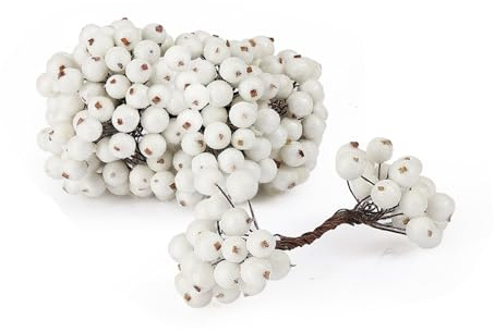 Kieswan 200 Pieces Weiß Beeren Deko Weihnachten, 12mm Mini Beerenzweig Künstlich Gefrostete Holly Beeren Weihnachtskranz Dekoration für Weihnachten Basteln und Weihnachtsdeko Tisch