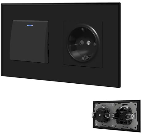 BSEED Lichtschalter mit Steckdose 1 Fach 1 Weg, Lichtschalter Glas Schuko Steckdose Unterputz mit Steckklemme, Taster Schalter Unterputz mit LED Kontrollleuchte, Schwarz