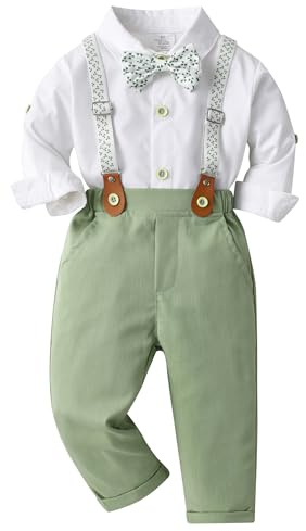 Happy Cherry - Traje de Boda Invierno Bebé Niño Conjunto de Bautizo Fiesta Infantil Ropa de Ceremonia Trajes de Caballero para Primavera Otoño Camisa Pantalones Pajarita Tirantes - 6-12 Meses - Verde
