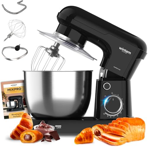 Avilia Impastatrice Planetaria con Ciotola in Acciaio 5L Nero 1500W - 10 Velocità Regolabili - Classe di Protezione II - Include Gangio ad Uncino, Frusta e Battitore - Funzionamento Silenzioso