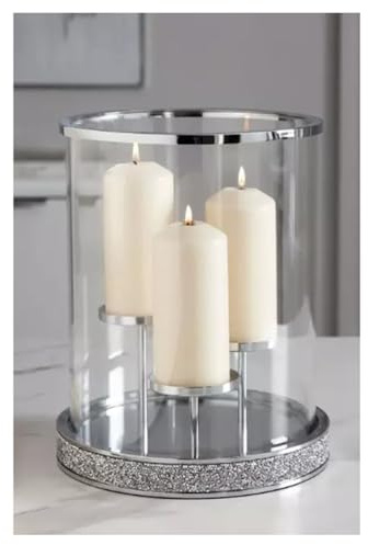 3-Pillar Candle Holder Harper Gem Silver Glass Centerpiece – 32cm Elegant Hurricane Design for Home Décor, Weddings, and Events – Sparkling Crystal Accents, Sturdy Base
