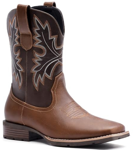 Lumeheel Cowboy Boots for Men - Western Men's Boots with Classic Embroidered, Slip on Square Toe Country Boots with Chunky Heel, Durable Short Ankle Boots for Spring Fall, Brown, Size 12
