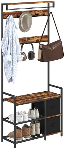 HOMCOM Coat Rack with Bench and Shoe Storage, 4-in-1 Coat Stand with 15 Coat Hooks, 2 Fabric Drawers for Hallway, Living Room, Bedroom, Rustic Brown