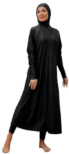 Muslim Swimsuits for Women Burkini Swimsuits for Women Islamic Modest Arabic Swimwear Burkini Long Sleeve Top Pants with Hijab 3PCS Sun Protection Rash Guard Fat Bathing Suits Black YY11018 S