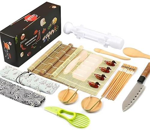 Sushi Making Kit Bazooka Roller Set with Sushi Knife, Bamboo Mats, Rice Mold, Rice Paddle, Spreader, Chopsticks, Avocado Slicer Easy DIY Sushi Maker Machine Professional Rolls Kits for Beginner