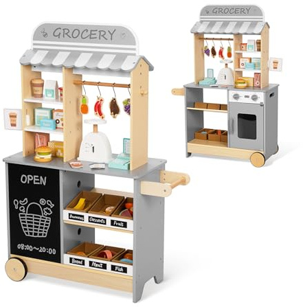 OOOK All-in-One Grocery Store Pretend Play with Chalkboards, Reversible Kids Grocery Store Playset with Oven, Scale, Rolling Wheels, Cash Register and More, for Kids Aged 3+