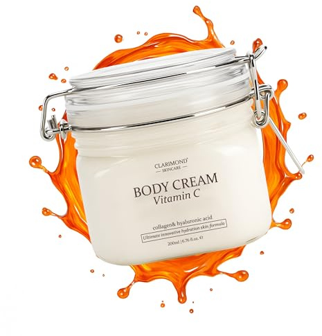 Crème Corps CLARIMOND avec VITAMINE C | Collagène & Acide Hyaluronique | Hydratation Intense pour une Peau Radieuse, Ferme & Lisse | Formule Absorption Rapide, Non Grasse | 200 ml
