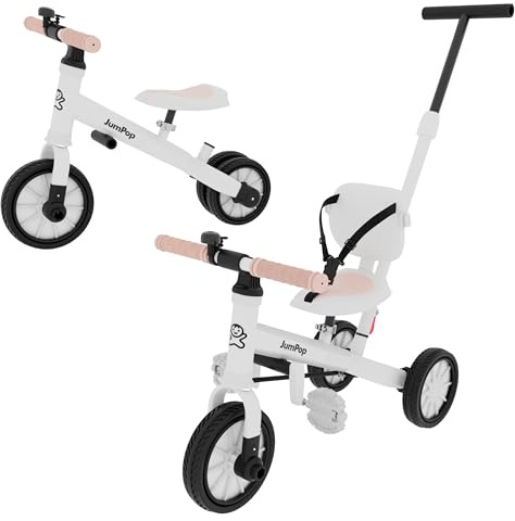 JumPop Tricycle évolutif 5 en 1 + Sonnette avec Autocollants et vidéo Montage QR Inclus | Tricycle bébé 1 an à 5 Ans avec Accessoires Amusants. (Blanc/Beige)