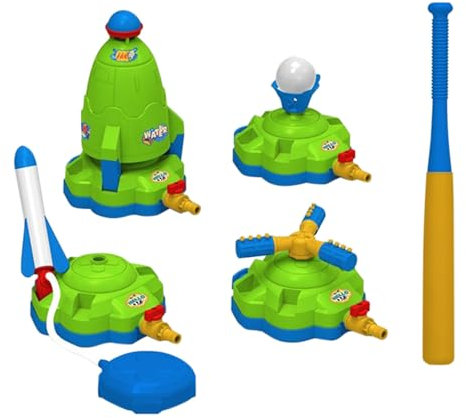 Kids Water Sprinkler,4 in 1 Water Sprinklers Outdoor Toy | Rocket Launch 360 Rotating Baseball Play Set, Interactive Toys for Ages 3-12 Garden Lawn Outside
