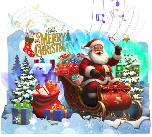 Ecloverlife Weihnachtskarte mit Musik, 3D-Weihnachtsschlitten und Weihnachtsmann Weihnachtskarte mit Licht für Kinder, Frau, Männer, Junge, Mädchen - Xmas Karten