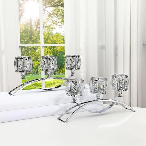 Remerry 4 Set Sliver Crystal Candle Holders 3 Arms Crystal Bowl Tealight Candelabra Arch Candlestick Table Centerpieces for Dinning Room, Wedding, Cabinet Ornaments, Home, Anniversary Party Decor