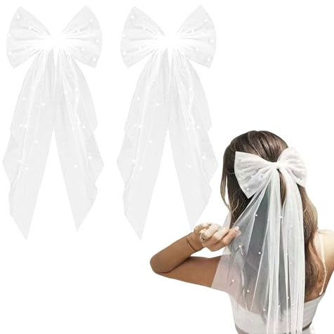 THXFUNAREA Brautschleier Kurz, JGA Schleier Braut mit Perlen und Haarspange Weißer Elegante Tüll, Haarschleife Braut Schleier Softtüll für Junggesellenabschied Hochzeit Damen Mädchen Party Haarschmuck