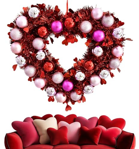 Corona de San Valentín | Adornos brillantes artesanales – 31 x 36 cm en forma de corazón decoración de puerta del día de San Valentín – para fiestas, eventos, arcos, guirnaldas, escaleras, entradas