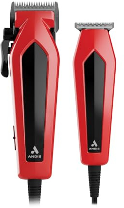 Andis 562940 Ultra Clip Corded Clipper & Trimmer 15-PieceHair Cutting Combo Kit, Stainless Steel Blades, Power Pivot Motor, Whisper Quiet, Hanger Loop, Red