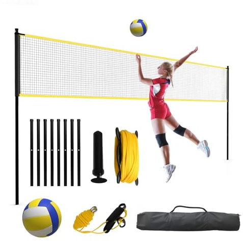 Thaookte Volleyballnetz, 10 m, tragbares Volleyballnetz für den Hinterhof, verstellbare Höhe, robuster Rahmen, freistehendes Design, tragbares Volleyball-Set für drinnen und draußen, mit Tragetasche