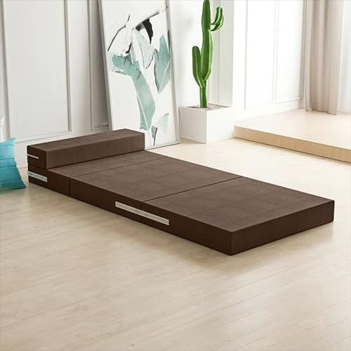 Vikbar enkelmadrass med bärbar kudde, tvättbar gästsäng för vuxna, campingmatta, tryckavlastning och stöd – 200 x 60 x 5 cm brun