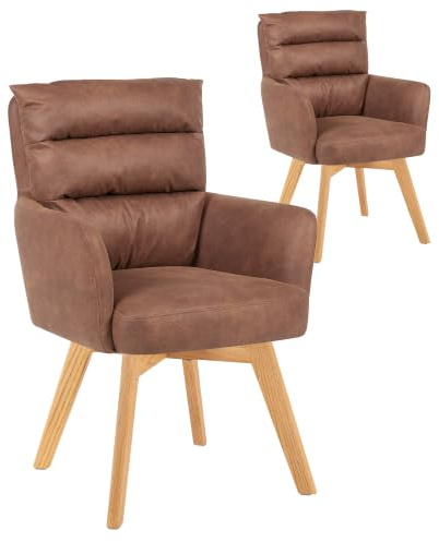 DUBI Möbel Esszimmerstühle 2er Set 360° drehbar mit Taschenfederkern, hoher Sitzkomfort, bis 150 kg belastbar, abriebfester Stoff Braun, Eiche Massivholzgestell geölt (Natur), Mika-Joni