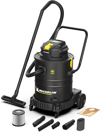 MICHELIN, Aspiratore Solidi e Liquidi, X5 50L S, Gamma SILENZIOSA, Serbatoio in Acciaio da 50 L con Manico, con Presa Elettroutensili, 1000 W, Completo di Accessori, Funzione di Soffiaggio, 19 kPa