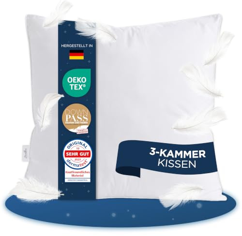 Samthus Made-in-Germany 3-Kammer Daunenkissen 80x80cm aus Federn und Daunen | Kopfkissen aus Daunen und Federn mit 100% Baumwolle Aussenhülle ergonomisches Kissen 80x80 Oeko-Tex & Dermatest zertifiziert
