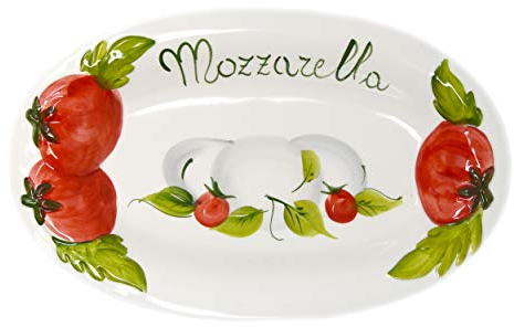 Lashuma Handgemachte Ovale Servierplatte im Tomate Mozzarella Design aus Italienischer Keramik, Servierteller 31x20 cm, 3 cm tief