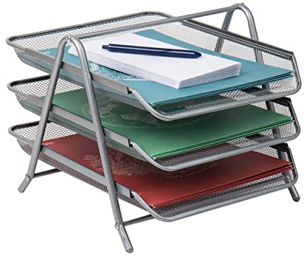 Mind Reader 3-Tier Paper Tray, Desktop Organizer, File Storage, Office, Metal Mesh, 11.75 L x 13.75 W x 10 H, Silver