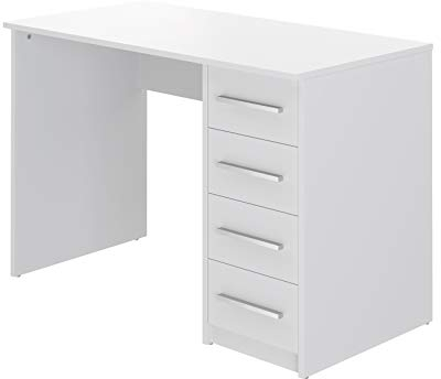 Amazon Basics Scrivania moderna per ufficio a casa, per computer, con 4 cassetti, facile montaggio, 56 x 110 x 73,5 cm, colore bianco